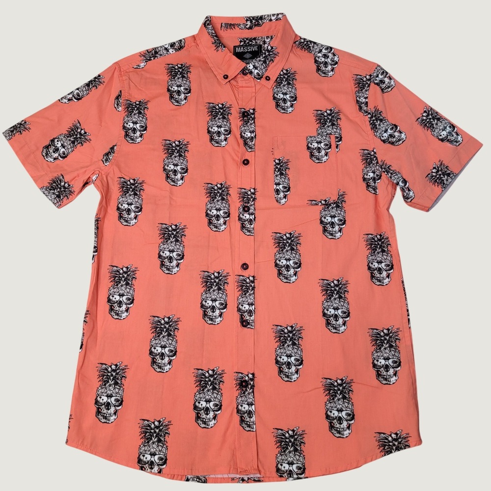 Massive Mens Medium Coral Pineapple Skull Graphic Short Sleeve Button Down Shirt